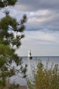 Escanaba Michigan Green and White Harbor Marker Beyond the Trees