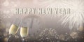 Happy New Year`s card with two glasses of champagne against a soft background with clock, blurred lights and fireworks. Royalty Free Stock Photo