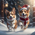 An ecard of two Welsh corgi dogs being frolic in the snow.