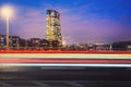 ECB Tower (European Central Bank) at night with light trails - Frankfurt, Germany