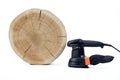 Eccentric grinding machine. Tree trunk. Oak board. Carpentry works. On a white background. Royalty Free Stock Photo