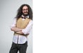 Eccentric guy posing next to the empty board Royalty Free Stock Photo