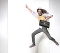 Eccentric man pointng on the empty board