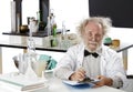 Eccentric scientist in lab holding clipboard