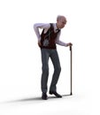 Eccentric senior man with a walking cane suffering from back pain