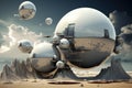 Eccentric Surreal spheres in yard of futuristic building. Generate ai