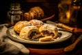 Eccles cake, beautifully presented on a wooden table.