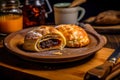 Eccles cake, beautifully presented on a wooden table.