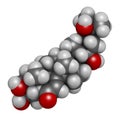 Ecdysone insect molting prohormone. 3D rendering. Atoms are represented as spheres with conventional color coding: hydrogen white