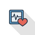 Pulse, ECG, cardiogram thin line flat color icon. Linear vector symbol. Colorful long shadow design.