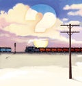 Echelon of two retro steam locomotives with wagons in the background of a sunset in the clouds. Question mark. The second echelon