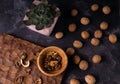 Echeveria plant and walnuts on blue slate table. Healthy nuts and seeds composition. Royalty Free Stock Photo