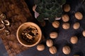 Echeveria plant and walnuts on blue slate table. Healthy nuts and seeds composition. Royalty Free Stock Photo