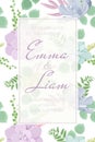 Echeveria stone rose succulent flowers fern greenery. Wedding event invitation card template. Warm pastel colors