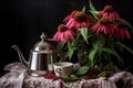 echinacea flowers and leaves steeping in a camping teapot