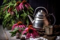 echinacea flowers and leaves steeping in a camping teapot