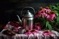 echinacea flowers and leaves steeping in a camping teapot