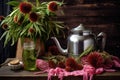 echinacea flowers and leaves steeping in a camping teapot