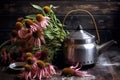 echinacea flowers steeping in metal teapot over campfire