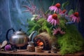 echinacea flowers and teapot on a log by a campfire