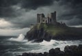 Echoes of Majesty: Ruined Castle on a Cliff Overlooking the Sea with Crashing Waves