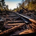 Echoes of Ruin: Train Tracks Through a Surreal, Devastated Landscape