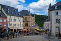 Echternach, Luxembourg; 08/11/2018: Main square in the old town of Echternach, Luxembourg. Medieval and touristic place, with bar Royalty Free Stock Photo