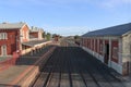 A view of the Echuca railway station platform, water tank and goods shed from the