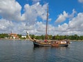 The historic flat-bottomed ship Najade entering the harbor of Eckernf