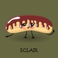 Eclair character with face and smile. Kawaii sweets and desserts