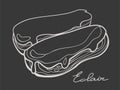 Eclair traditional French dessert. Outline illustration in doodle style.
