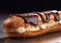 Eclair with vanilla cream and chocolate topping on table.Macro.AI Generative Royalty Free Stock Photo