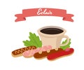 Eclairs and Cup of Coffee Cartoon Composition