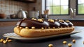 Eclairs dessert pastry sweet food cream pastry bakery on wood.