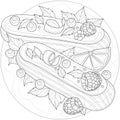 Eclairs with raspberries, blueberries, mint and orange.Tasty sweets.Coloring book antistress for children and adults Royalty Free Stock Photo