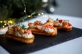 Eclairs with salmon, fresh vegetables and herbs, gourmet snacks.