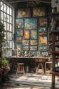 Eclectic artists studio with vibrant artwork and a variety of materials3D render