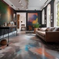 An eclectic artists studio with splattered paint floors, eclectic decor, and natural light3