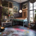 An eclectic artists studio with splattered paint floors, eclectic decor, and natural light1