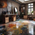 An eclectic artists studio with splattered paint floors, eclectic decor, and natural light2