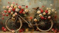 a vintage beach cruiser bicycle in sepia, its wooden crate overflowing with an array of red, pink, white, and yellow roses Royalty Free Stock Photo