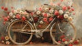 a vintage beach cruiser bicycle in sepia, its wooden crate overflowing with an array of red, pink, white, and yellow roses Royalty Free Stock Photo