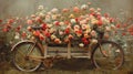 a vintage beach cruiser bicycle in sepia, its wooden crate overflowing with an array of red, pink, white, and yellow roses Royalty Free Stock Photo