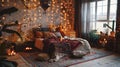 An eclectic bedroom with a mixture of warm Moroccanstyle lanterns and string lights creating a cozy and eclectic Royalty Free Stock Photo