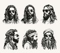 Vector set of Hipster, Rasta-man Jesus Characters with Sunglasses and Dreadlocks Royalty Free Stock Photo