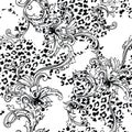 Eclectic fabric seamless pattern. Animal background with baroque ornament.