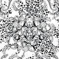 Eclectic fabric seamless pattern. Animal background with baroque ornament.