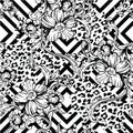 Eclectic fabric seamless pattern. Animal and geometric background with baroque ornament