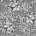 Eclectic fabric seamless pattern. Animal and plaid background with baroque ornament.