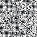 Eclectic fabric seamless pattern. Animal and plaid background with baroque ornament.